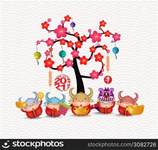 Tree design for Chinese New Year 2021 celebration. Year of the Ox (Chinese translation Happy Chinese New Year, Year of Ox)