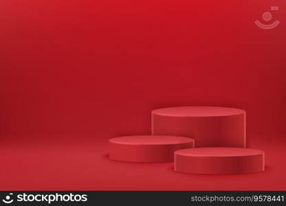 Tree empty red round podiums. Award ceremony concept. Abstract scene with cylindrical podiums. Mockup scene. Geometry shape platform. Tree empty red round podiums. Award ceremony concept. Abstract scene with cylindrical podiums. Geometry shape platform