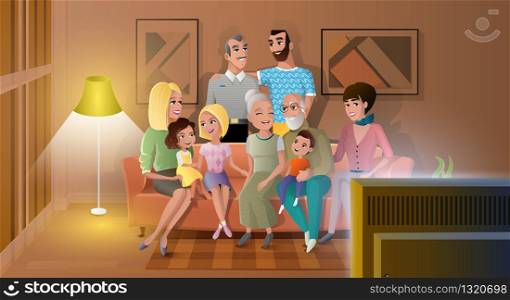 Tree Generations of Big Family Gathered at Home, Spending Time Together, Watching Evening TV Show while Sitting at Sofa in Living Room Cartoon Vector Illustration. Traditional Family Values Concept