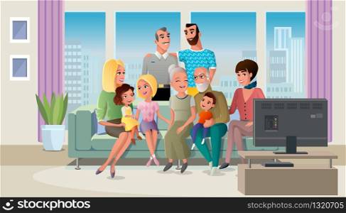 Tree Generations of Big Family Gathered at Home, Spending Time Together while Sitting at Sofa in Living Room Cartoon Vector Illustration. Traditional Family Values Concept. Senior Couple with Children