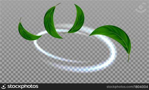 Tree Green Leaves Flying And Light Sparkle Vector. Floral Freshness Natural Plant Leaves Lighting Effect Decoration. Nature Botanical Ecology Environment Template Realistic 3d Illustration. Tree Green Leaves Flying And Light Sparkle Vector