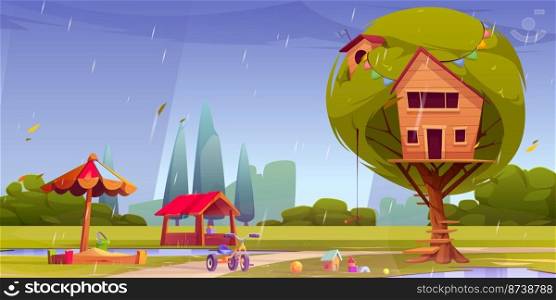 Tree house and kids playground on green lawn at rainy weather. Garden, park or house backyard with wooden hut, sandbox and toys for children summer games and fun activities Cartoon vector illustration. Tree house and kids playground on green lawn, rain