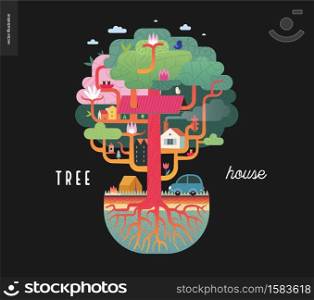 Tree house concept - a tree with houses, birds, nest, flowers and birdhouse on it, a car and tent with bonfire under it, and ground cut with soil layers and trees roots - summer camp vacation concept. Tree house concept
