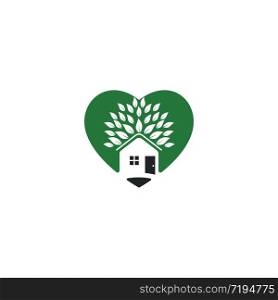 Tree house heart shape logo design. Eco house logo design.
