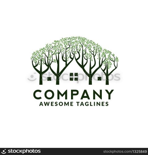 Tree House illustration logo for Environmental care related business,Green House logo, tree house logo,House Logo