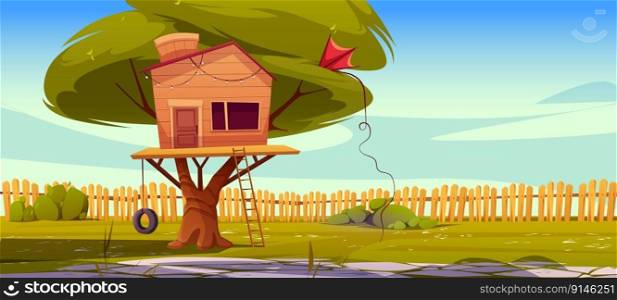 Tree house on backyard lawn with fence cartoon background. Vector outdoor home back yard illustration with grass and treehouse in summer. Suburb park game scene with swing on sunny day.. Tree house on backyard lawn with fence background