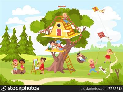 Tree house with kids. Funny boys and girls play on green backyard. Cozy home building in branches of oak. Happy children outdoor leisure. Flying kite and swing. Wooden shelter. Splendid vector concept. Tree house with kids. Funny boys and girls play on green backyard. Cozy home in branches of oak. Happy children outdoor leisure. Kite and swing. Wooden shelter. Splendid vector concept