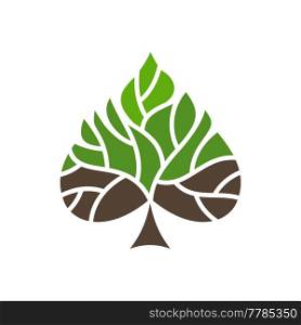 Tree icon with leaf shape, green eco and nature life concept vector emblem. Tree leaf in heart shape, for ecology and environment or forest park gardening and growth symbol. Tree icon with leaf shape, green eco and nature