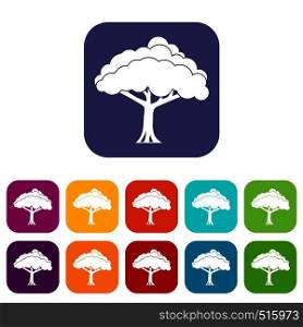Tree icons set vector illustration in flat style in colors red, blue, green, and other. Tree icons set