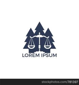 Tree law logo design. Law scale and pine trees vector logo concept.