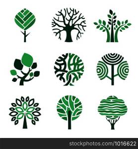 Tree logo. Green eco symbols nature wood tree stylized vector pictures. Eco wood tree, organic natural abstract trees illustration. Tree logo. Green eco symbols nature wood tree stylized vector pictures