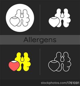 Tree nuts dark theme icon. Walnut and hazelnut as common allergen. Nutrient food ingredient. Cause of allergy. Linear white, simple glyph and RGB color styles. Isolated vector illustrations. Tree nuts dark theme icon