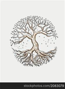 Tree of life vector illustration with tree and roots silhouette. Hand drawn ink illustration