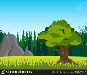 Tree on glade by summer. The Beautiful landscape wood and mountains by summer.Vector illustration