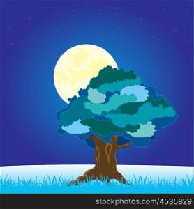 Tree on glade in winter. The Winter landscape with solitary by tree on glade.Vector illustration