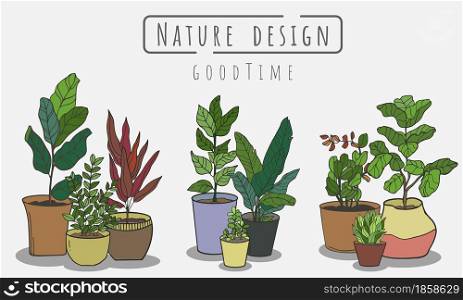 Tree painting Set, Indoor and outdoor landscape garden potted plants isolated on white, Vector set green plant in the pot.