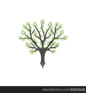Tree pen vector logo design template. Writer and nature logo concept. 