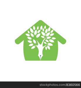 Tree pen vector logo design template. Writer home and nature logo concept. 