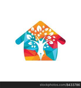 Tree pen vector logo design template. Writer home and nature logo concept. 