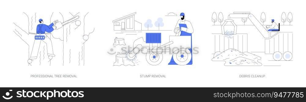 Tree removal service abstract concept vector illustration set. Professional tree removal, stump grinder and chainsaw, wood cutting machine, debris cleanup, garbage collection abstract metaphor.. Tree removal service abstract concept vector illustrations.
