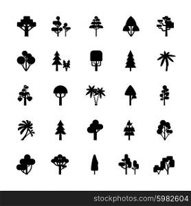 Tree Set Black And White. Set of tree silhouettes isolated on white background include deciduous spruce palm bush flat vector illustration