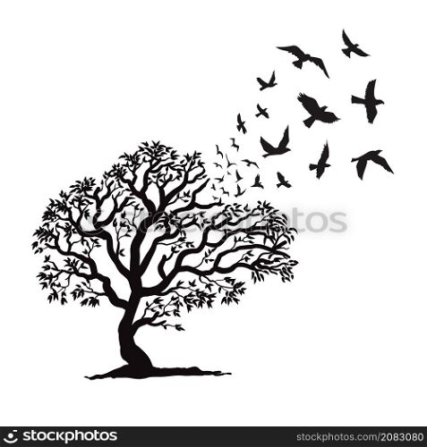 Tree silhouette with bird flying vector illustration