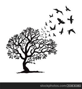 Tree silhouette with bird flying vector illustration