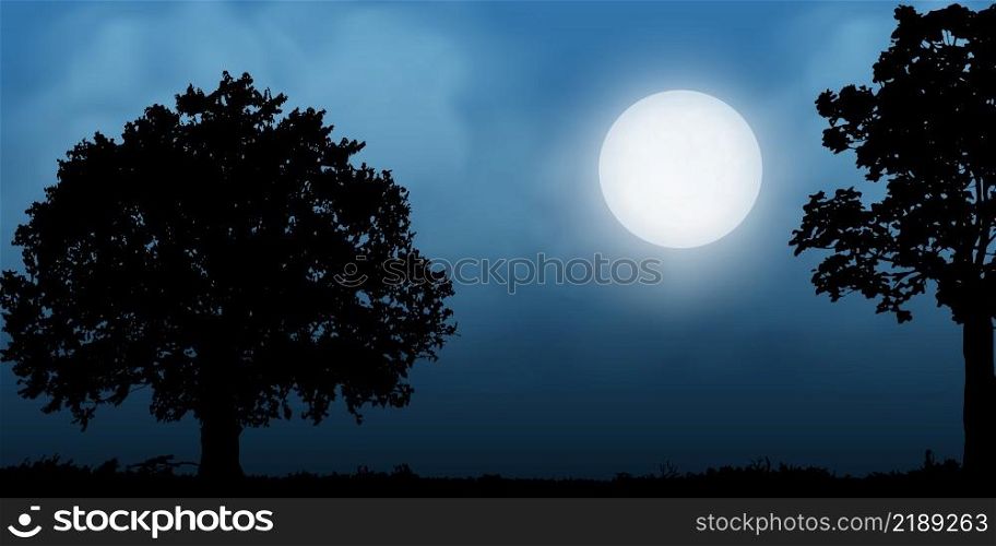 tree silhouette with full moon, landscape background, vector illustration