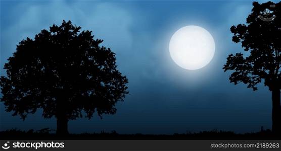 tree silhouette with full moon, landscape background, vector illustration