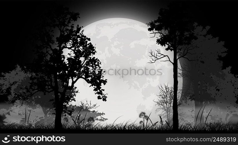 tree silhouette with full moon on landscape background, forest in darkness, vector illustration