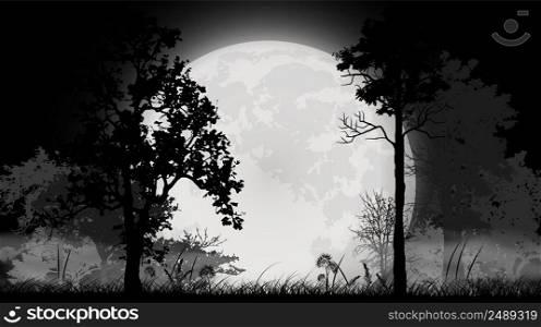 tree silhouette with full moon on landscape background, forest in darkness, vector illustration