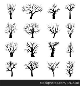 Tree silhouettes. Winter tree branches dead autumn plants trunks vector illustrations. Wood autumn tree, forest winter branch collection. Tree silhouettes. Winter tree branches dead autumn plants trunks vector illustrations