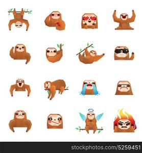 Tree Sloth Doodle Collection. Sloth polygonal big set of flat isolated tree sloth cartoon character emoticons drawn in doodle style vector illustration