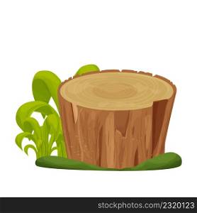 Tree stump, old trunk with grass and moss in cartoon style isolated on white background. Forest decoration, ui asset, detailed and textured object. Vector illustration