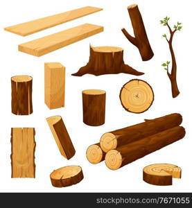 Tree stump, timber materials and wooden logs. Wooden plank, beam and billet, tree branch with leaves and cutted wood piece, firewood chunk cartoon vector. Natural lumber, carpentry materials set. Tree stump, timber materials and wooden log vector