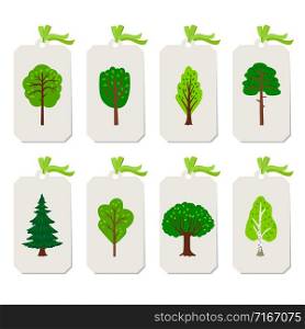 Tree tags. Cartoon forest trees tag set with bows isolated on white background, vector illustration. Forest tree tags