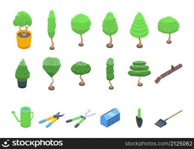 Tree trimming icons set isometric vector. Chainsaw tree. Woodcutter work. Tree trimming icons set isometric vector. Chainsaw tree