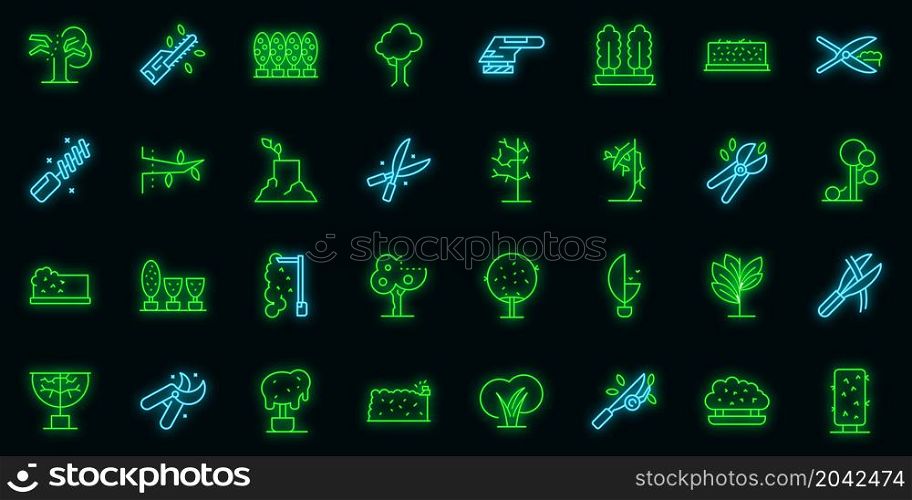 Tree trimming icons set outline vector. Tree woodcutter. Work neon color on black. Tree trimming icons set vector neon