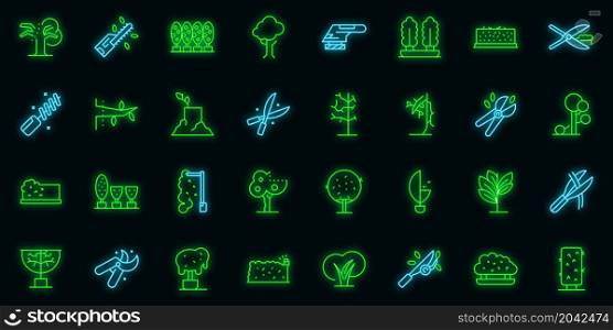 Tree trimming icons set outline vector. Tree woodcutter. Work neon color on black. Tree trimming icons set vector neon
