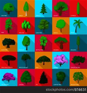 Tree types icons set. Flat illustration of 25 tree types vector icons for web. Tree types icons set, flat style