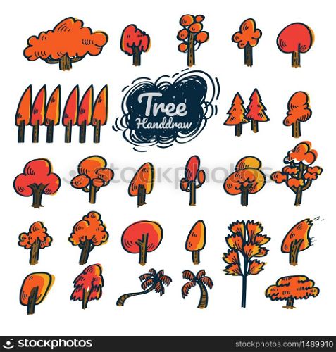 Tree vector illustration set. Orange tone autumn season.