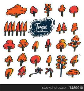 Tree vector illustration set. Orange tone autumn season.