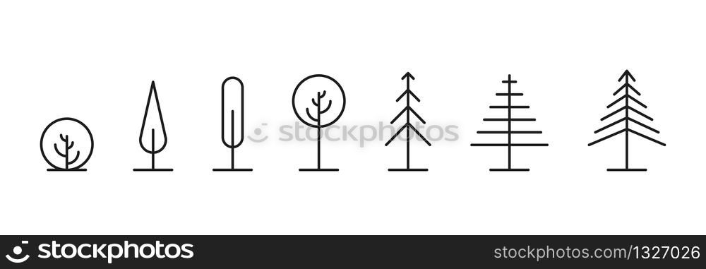 Tree vector line icons. Tree outline art icon. Nature oak organic set design. Summer graphic. Thin line illustration. EPS 10