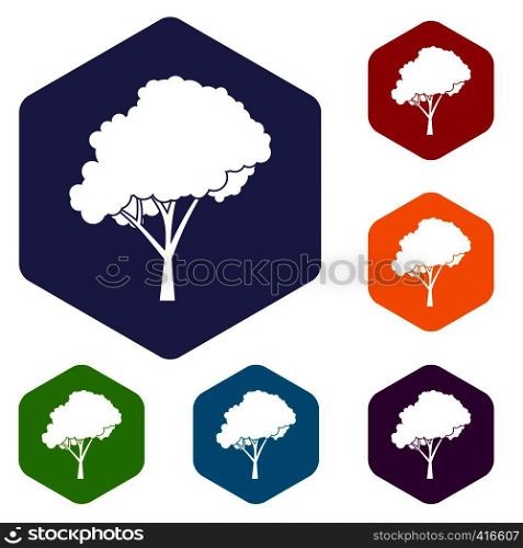 Tree with a rounded crown icons set rhombus in different colors isolated on white background. Tree with a rounded crown icons set