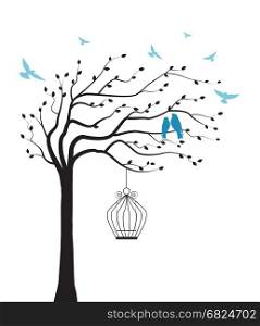 Tree with bird and cage. Vector illustration tree with bird and cage
