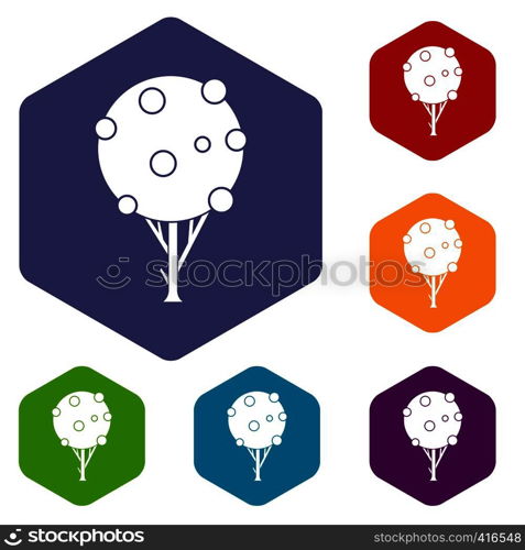 Tree with fruits icons set rhombus in different colors isolated on white background. Tree with fruits icons set