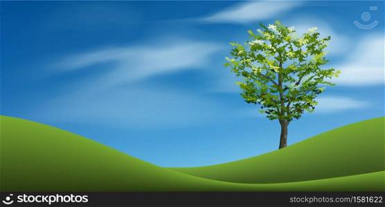 Tree with green grass hill or mountain area and blue sky. Abstract background park and outdoor for landscape design idea. Vector illustration.