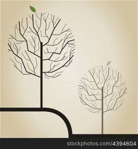 Tree with one green leaf. A vector illustration