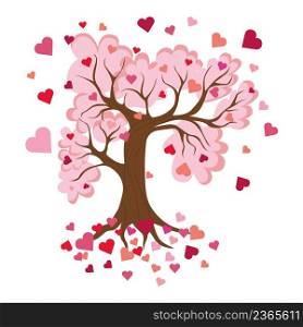 Tree with pink and red hearts isolated vector illustration. Symbol of love and romance