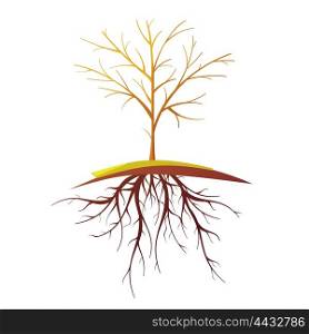 Tree With Root Isolated Retro Cartoon Illustration. Single small bald tree with root on white background flat retro cartoon isolated vector illustration